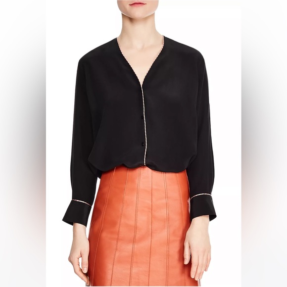 Sandro Paris ‘Paul’ Piped Silk V-Neck Blouse Black Size 1 / Small - Picture 11 of 12